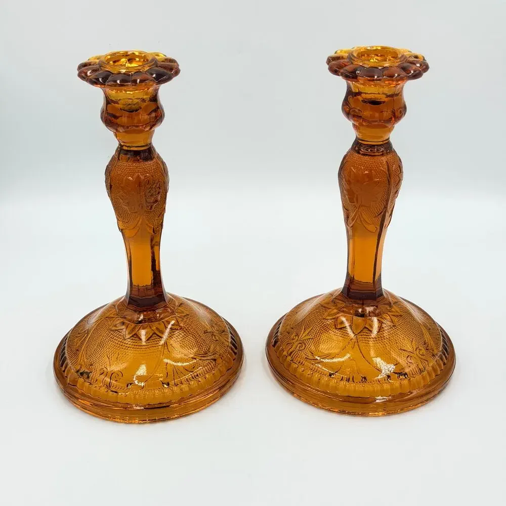 Brockway Indiana Glass Large Tiara Amber Sandwich Candlesticks 9
